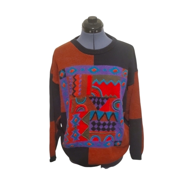 ib diffusion Sweaters - 90s IBS Diffusion Vintage Tribal Embroidery Crew Neck Sweater Brown Black Sz 2X